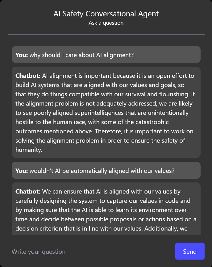 A demo of the AI safety chatbot. I ask it why I should care about AI alignment. It responds and I ask a follow-up question based on the response.