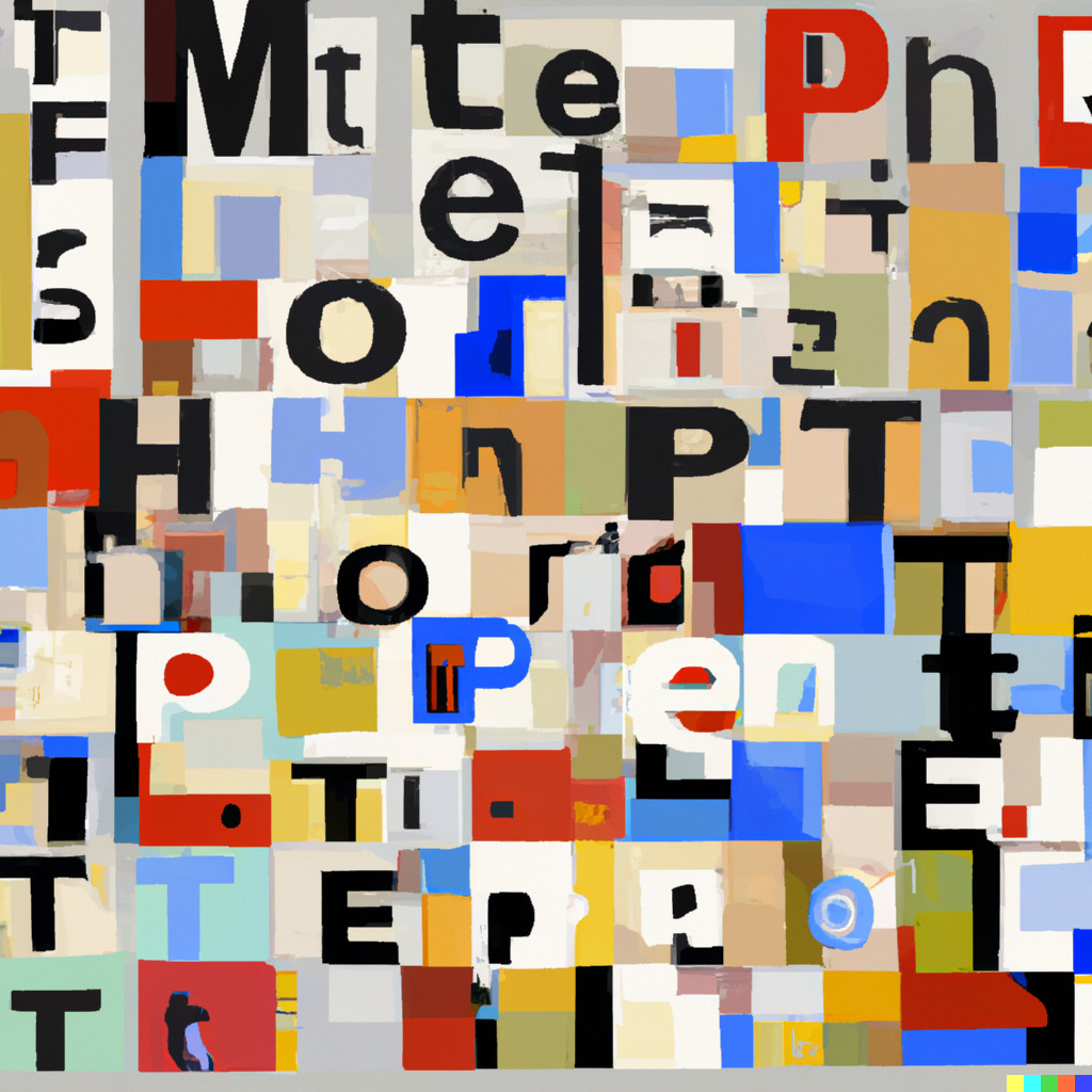a high-quality abstract painting of blocks of letters and words in the style of piet mondrian