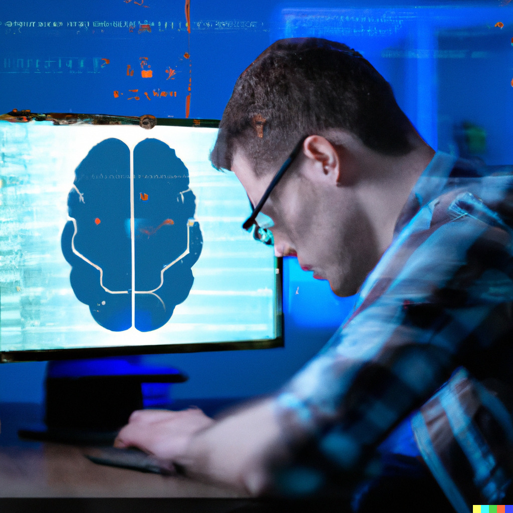 a high-quality realistic photo of a computer programmer sitting in front of a computer screen with a brain on it