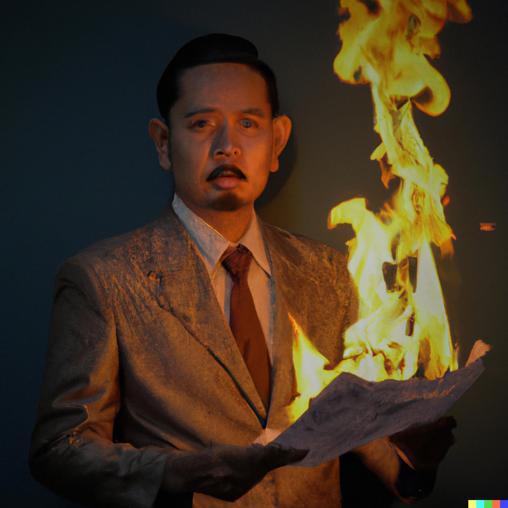 a realistic photograph of a man in a suit with a newspaper that is on fire