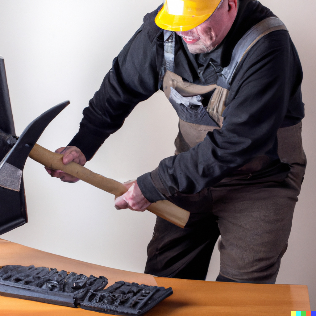 a realistic photograph of a man in overalls and a hard hat hitting a black computer keyboard with an axe