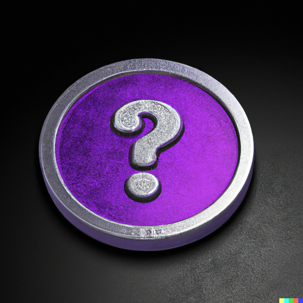 a high-quality photograph of a silver coin with a purple question mark on it and an engraved border, isometric perspective, on a dark background