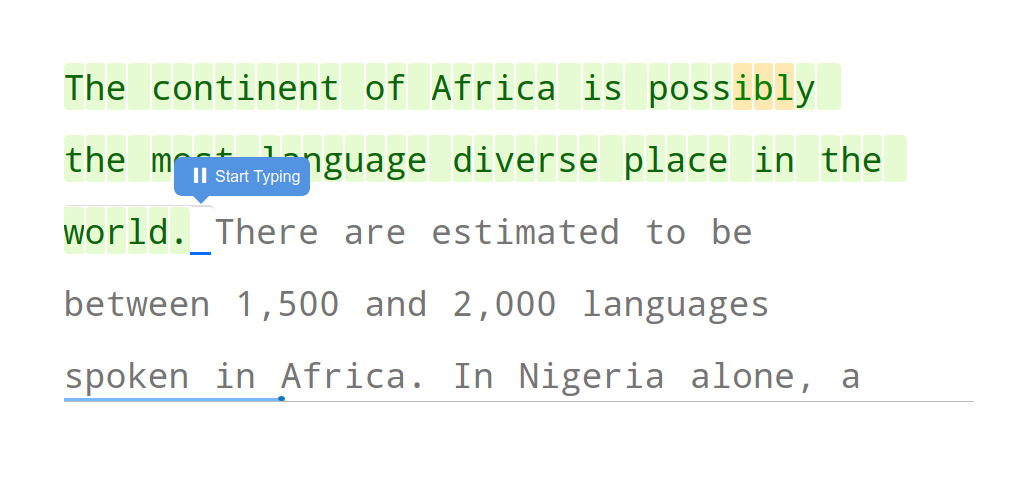 A screenshot of a TypingClub lesson about African languages. The first two sentences of the passage are visible. The first sentence has already been typed. Letters typed correctly the first time are highlighted in green, those typed incorrectly and then correctly in yellow. A bar at the bottom shows my progress through the lesson.